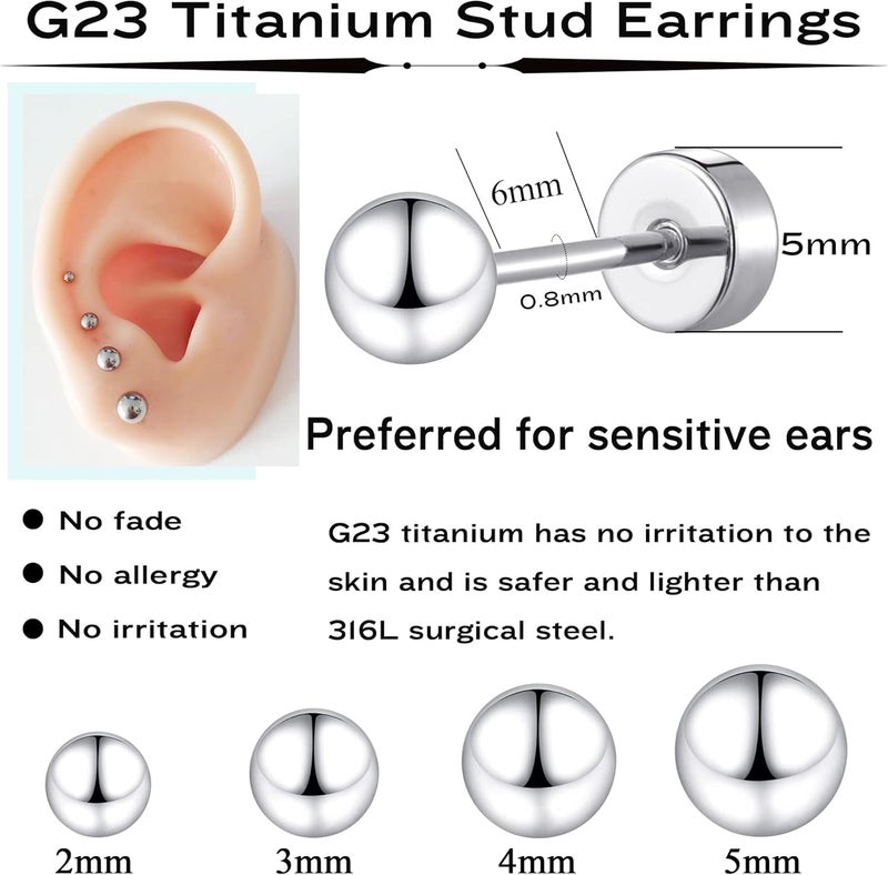 MJust Titanium Earrings Set for Sensitive Ears 20 Gauge Pure Titanium Cartilage Earring Ball Cubic Zirconia G23 Hypoallergenic Flat Back Earrings Studs - Image 3